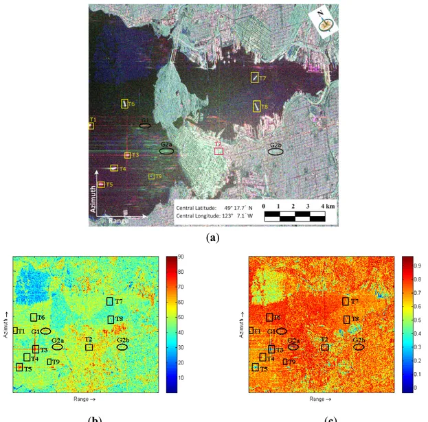 Figure 2a shows a color-coded full-resolution polarimetric SAR image of the sea harbor area of  Vancouver city, Canada, onto which some target (T) and ghost (G) focused echoes are indicated