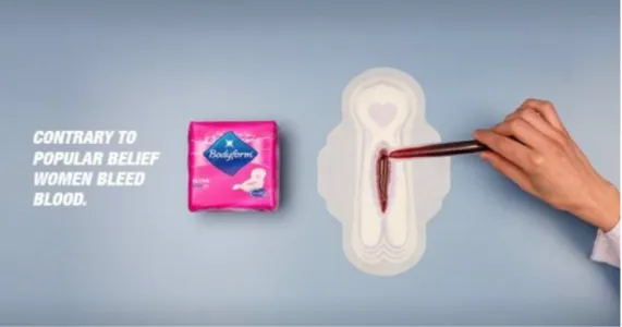 Fig. 3 : Cette publicité utilise du liquide rouge dans sa démonstration du pouvoir d’absorption  des produits menstruels en l’accompagnant d’un message : Contrary to popular belief women  bleed blood traduit comme suit « Contrairement à la croyance populai