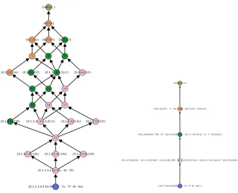 Fig. 3. Left: congruence ✓ ⇤ on the 7-tet concept lattice. Right: quotient lattice C /✓ ⇤ .