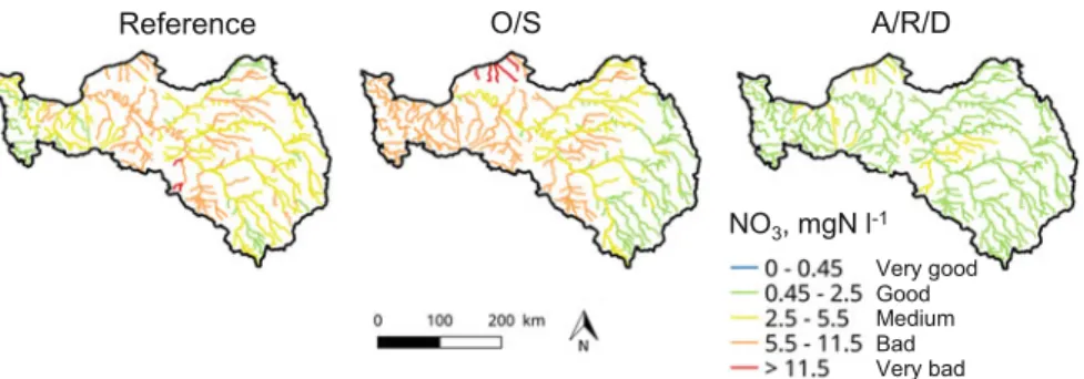 Fig. 6 Scenario outputs: spatial distribution of annual average nitrate pollution levels over the Seine Normandie river networks for the reference situation and for two contrasting scenarios for 2040: O/S, agriculture opening and specialization; A/R/D, aut