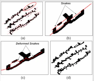 Figure 3. Application of the Snake for line detection, (a) Major axis drawn for each connected component of the lines.