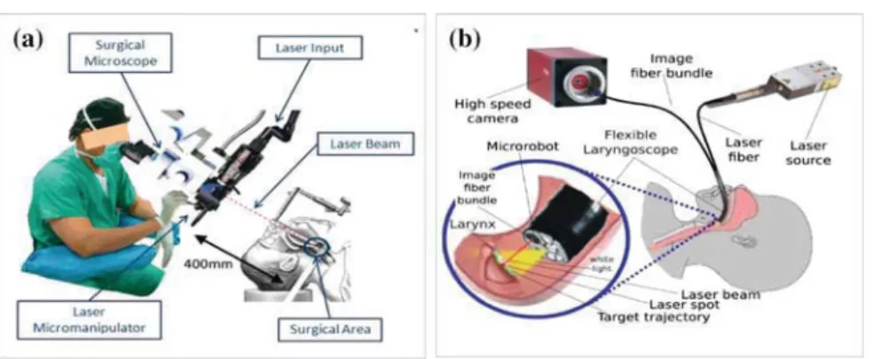 Fig. 1 Global view of the microphonosurgery system:a the current laser microphonosurgery system and b the targeted final system