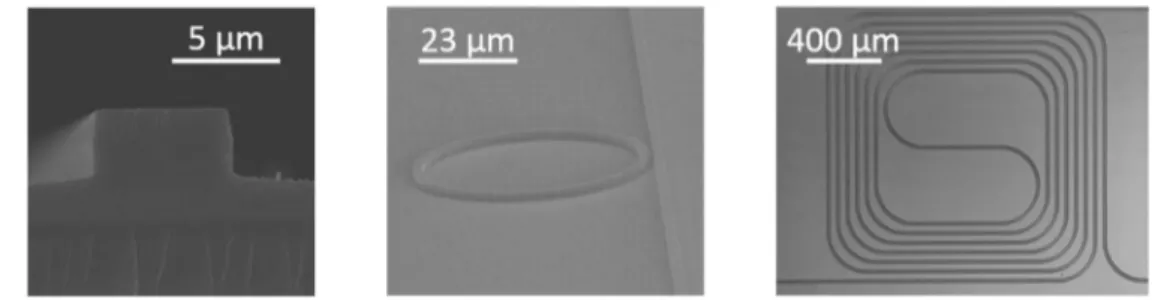 Fig. 1. Scanning electron microscope image of the processed waveguide after ICP-RIE  a)  ridge waveguide, b) micro-ring resonator and c) spiral waveguide