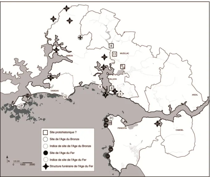Figure 2 – Distribution des sites protohistoriques en baie de Vilaine (d’après Gauthier, 2006)