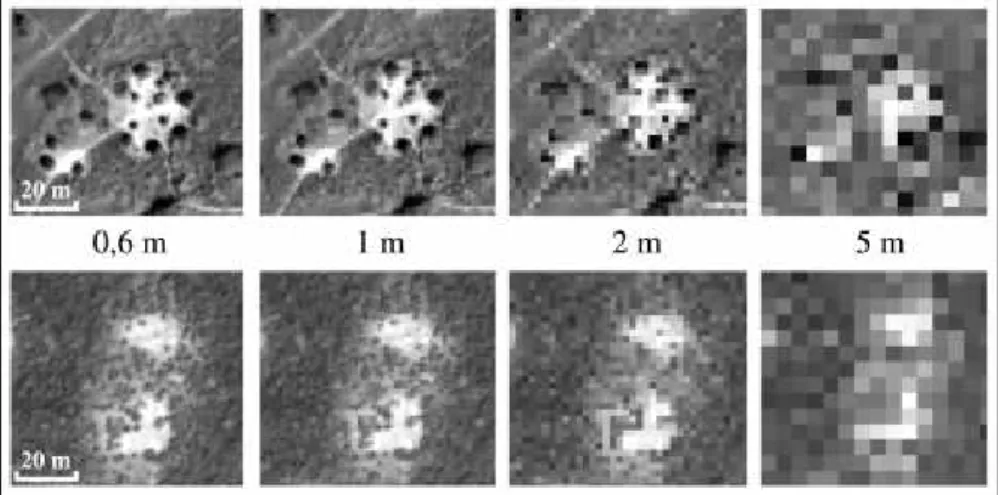 Figure 4 : Effets de la résolution spatiale sur la perception des objets – Ligne 1 : Habitation - Ligne 2 : termitière - Image originale : Quickbird panchromatique à 0,62 m (29-10-2003)