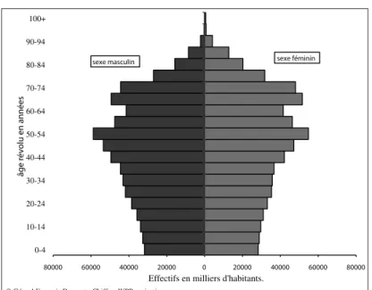 Figure 7. La pyramide des âges de la Chine en 2040 80000 60000 40000 20000  0  20000 40000 60000 80000 0-410-1420-2430-3440-4450-5460-6470-7480-8490-94100+