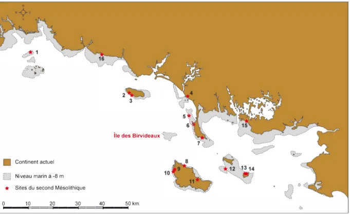 Fig. 3. Répartition des principaux sites insulaires et côtiers du second Mésolithique dans le sud de la Bretagne