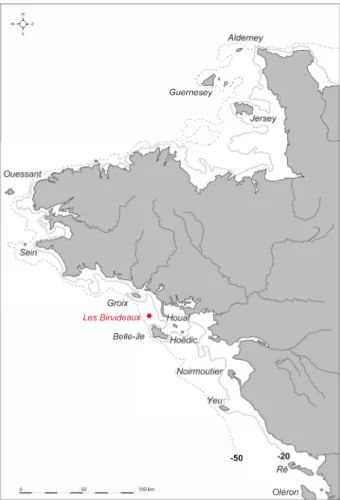 Fig.  1.  Carte  des  principales  îles  du  Ponant,  avec  indication en rouge de la position du plateau ou haut­