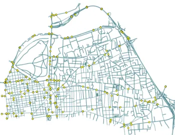 Figure 2 – Le réseau routier lyonnais considéré dans cette étude et les positions réelles des capteurs placés par la collectivité de la Métropole de Lyon (en jaune).