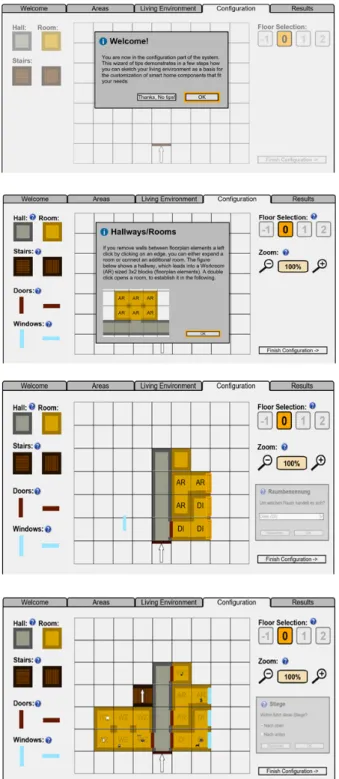 Figure 2. Example screens of the configurator interface. In the top part of the figure, the first screen of a user tutorial is shown