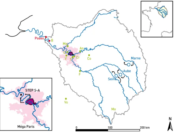 Figure 2 : Bassin de la Seine, à l’amont de l’estuaire à Poses, Méga Paris (en rose), station d’épuration de Seine-Aval (STEP S-A) et  Paris intra muros (en violet)