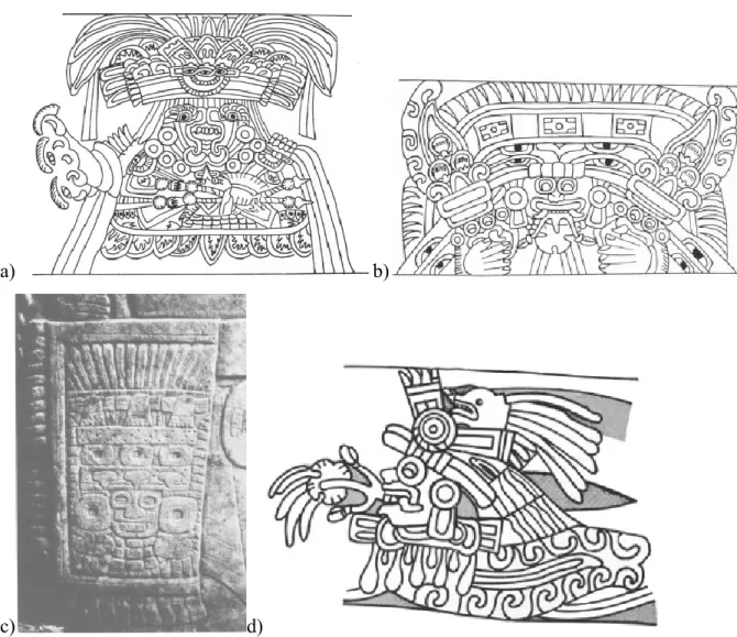 Figure 8: Différentes représentations de « Tlaloc ». a) Possible Tlaloc B : Tlaloc provenant de  la murale de Tepantitla les Tlalocs rouges (Pasztory 1974:12)