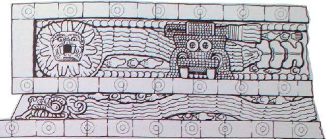 Figure 13: Façade du Temple du Serpent à plumes, dessin par Barbara Page (Berrin et Pasztory  1993:143)