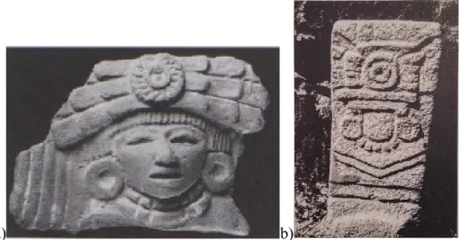 Figure 20 : a) Figurine d’argile portant une coiffe au motif circulaire et à plumes, Xolalpan,  Teotihuacan (Scott 2001 Plate 112) b) Stèle miniature dite représenter la déesse, Teotihuacan  (Berlo 1992:143)