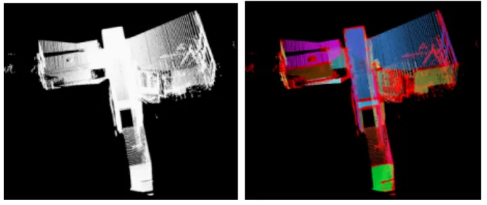 Fig. 4. Plane segmentation with region growing approach. Left: input point cloud (from ASL dataset [18]) - Right: plane extraction result using region growing [13]