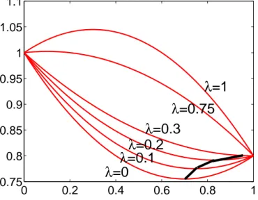 Figure 3: Illustration for path optimization approach. F 0 (λ = 0) — initial convex function, F 1 (λ = 1) — initial concave function, bold black line — path of function minima P ∗ (λ) (λ = 0 