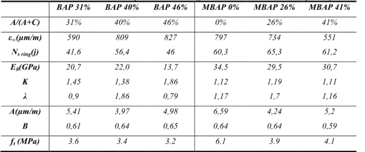 Tableau 2. Paramètres de calcul pour l’étude de l’effet de la substitution du ciment par du filler calcaire  BAP 31%  BAP 40%  BAP 46%  MBAP 0%  MBAP 26%  MBAP 41% 