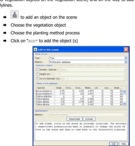 Figure 18: Dialog window for adding a vegetation object in the scene 