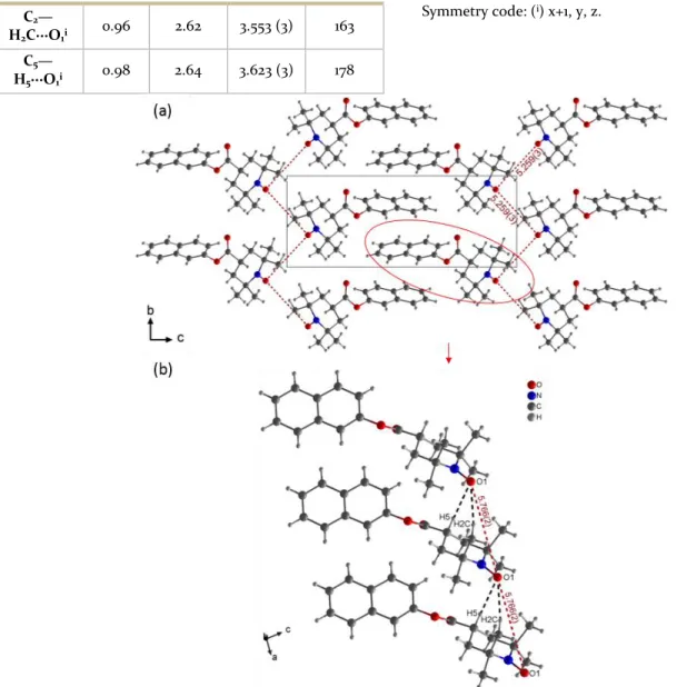 Figure 3. Structural features of 4CT-Naphthalene a) Crystal packing and N−O·−·O−N distance in the bc plane and b) N−O·−·O−N  distance into 1D chains and weak C-H···O interactions represented in dashed black line in 4CT-Naphthalene.