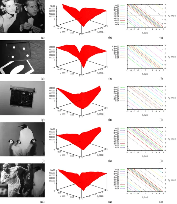 Figure 4: Cost function for different objects. First column: object being observed, second column: shape of the cost function in the subspace (t x , θ y ), third column:  iso-contours in the subspace (t x , θ y )