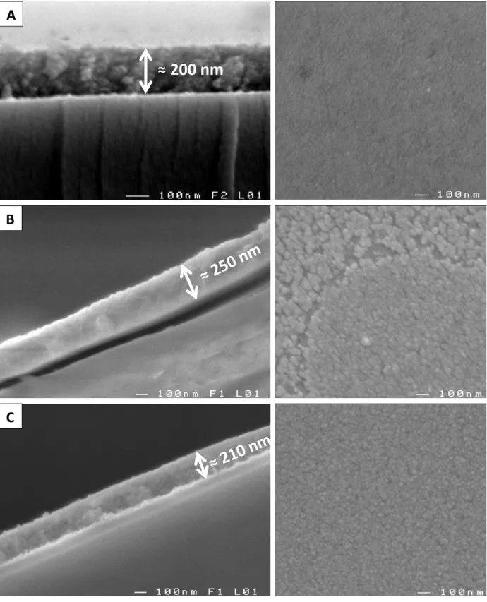 Figure 7: SEM images of thin films: (A) ZnO (B) ZnO 2  (C) Zn1-xO:N. On the left: side view of  the cross-section, on the right: top view of the films