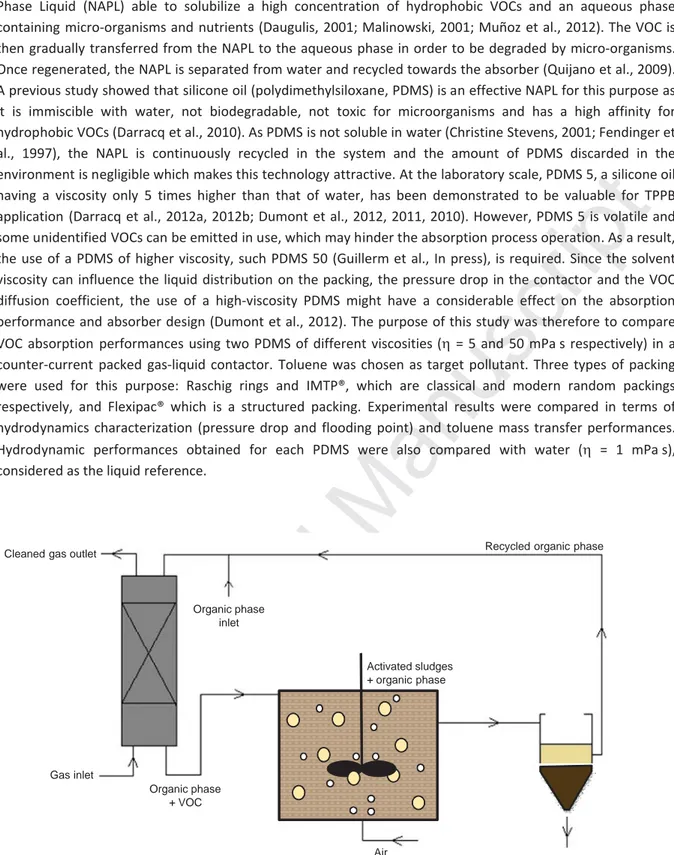 Figure 1: Absorption–biodegradation process with organic phase regeneration for hydrophobic VOCs  treatment.