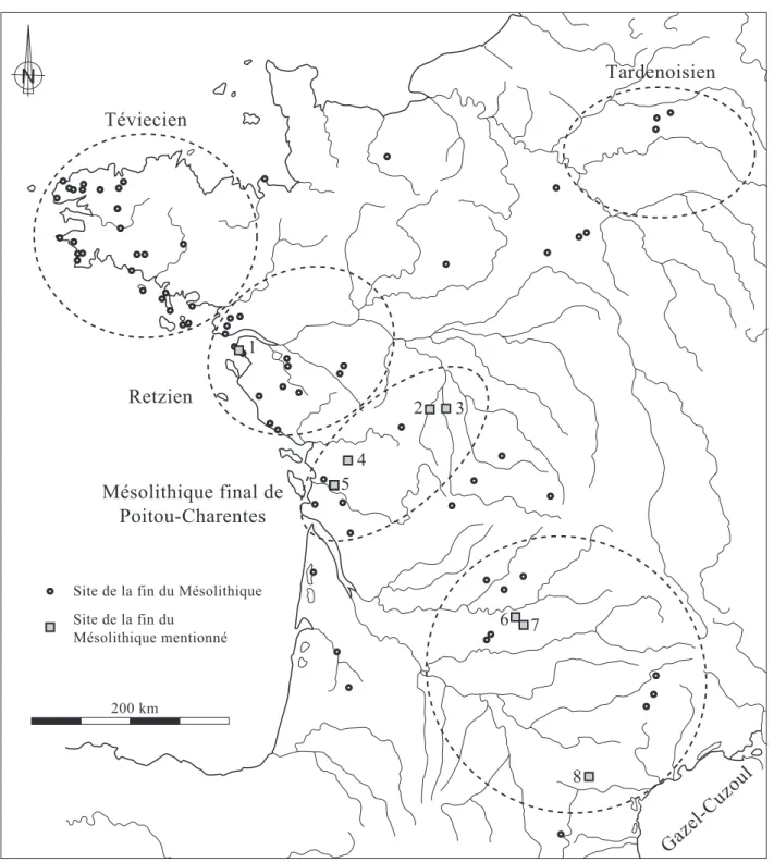 Figure 5 : Carte des sites du Mésolithique ﬁ nal de l’ouest de la France (seconde moitié du 6 ème  millénaire avant J.-C .)