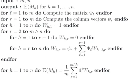 Table 1: Algorithm for the distribution and expectation computation of M n .