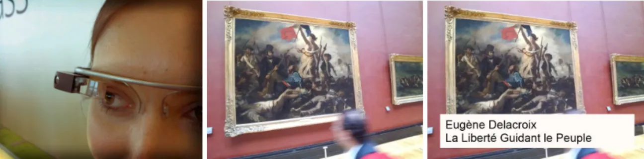 Figure 1: Our application. A Google Glass user (left 1 ) uses our application in a mu- mu-seum to identify a painting (middle)