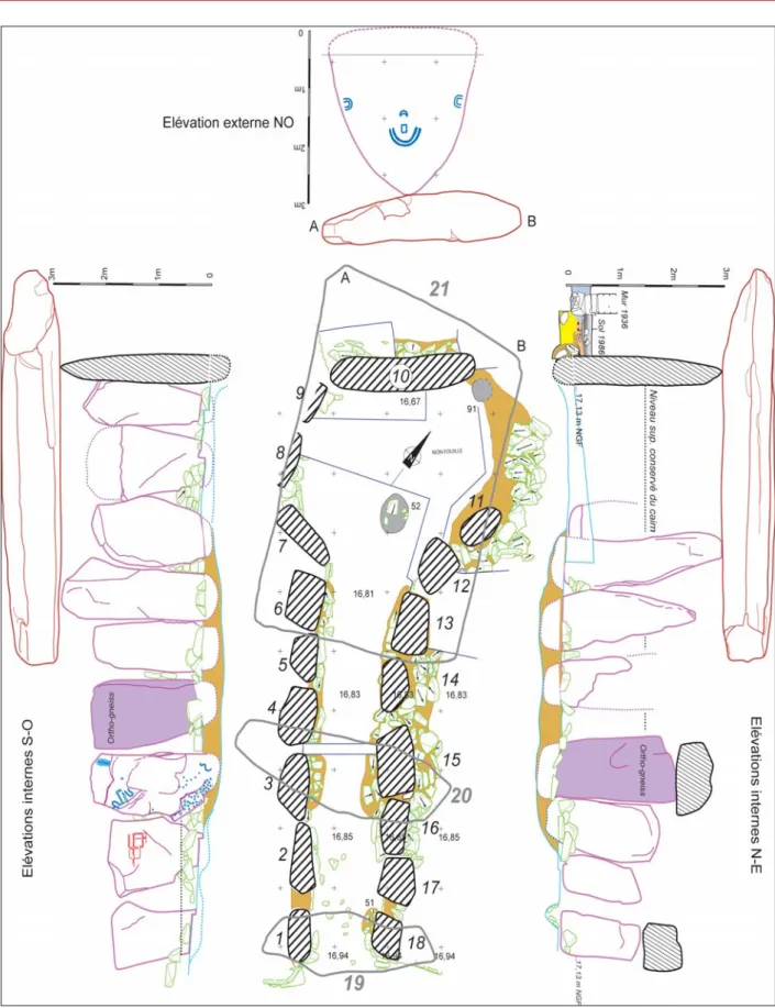 Fig. 3. Plan des structures internes (“dolmen“) ; élévations (levés S. Cassen &amp; J