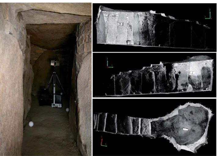 Fig. 5. Le scanner laser FARO LS en acquisition à l’intérieur de la Table des Marchands ; vues en coupe gauche, droite et vers plafond  (acquisition C