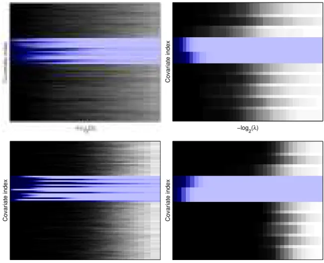 Figure 6: Frequency of selection of each variable with the Lasso (left) and Ω G ∪ (right) for n = 50 (top) and 100 (bottom)