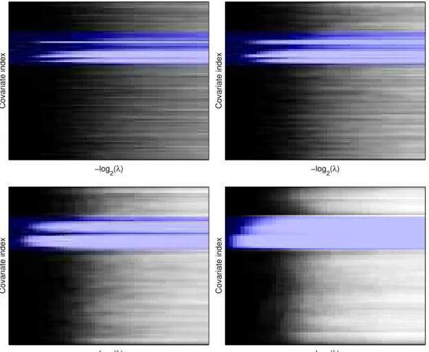 Figure 8: Variable selection frequency with Ω G ∪ using the chains of length k (left) as groups, for k = 1 (Lasso), 2, 4, 8