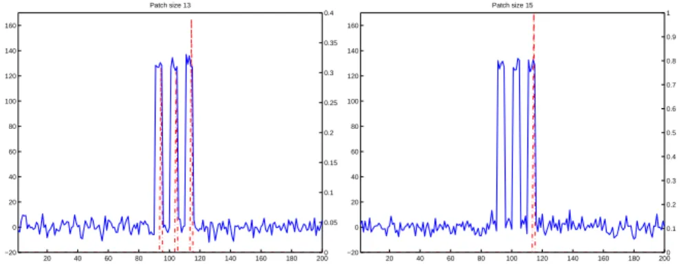 Fig. 3.7. Left and right: extract of the re- re-sult of the NLmeans filter with s 2 = 3 × 3 and s 2 = 5 × 5 on a noisy image (σ = 10, h  opti-mized for PSNR)
