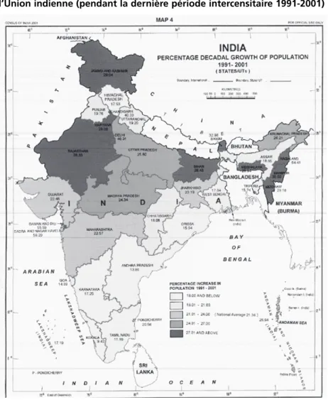 Figure 4 Les TAUX DE CROISSANCE DE LA POPULATION selon les États de l’Union indienne (pendant la dernière période intercensitaire 1991-2001)