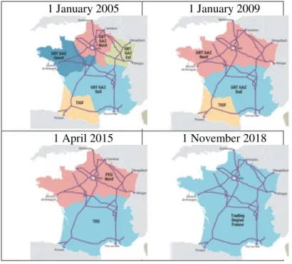 Figure 1. The geographic delineation of the gas balancing zones in France (Source: CRE)  1 January 2005  1 January 2009 