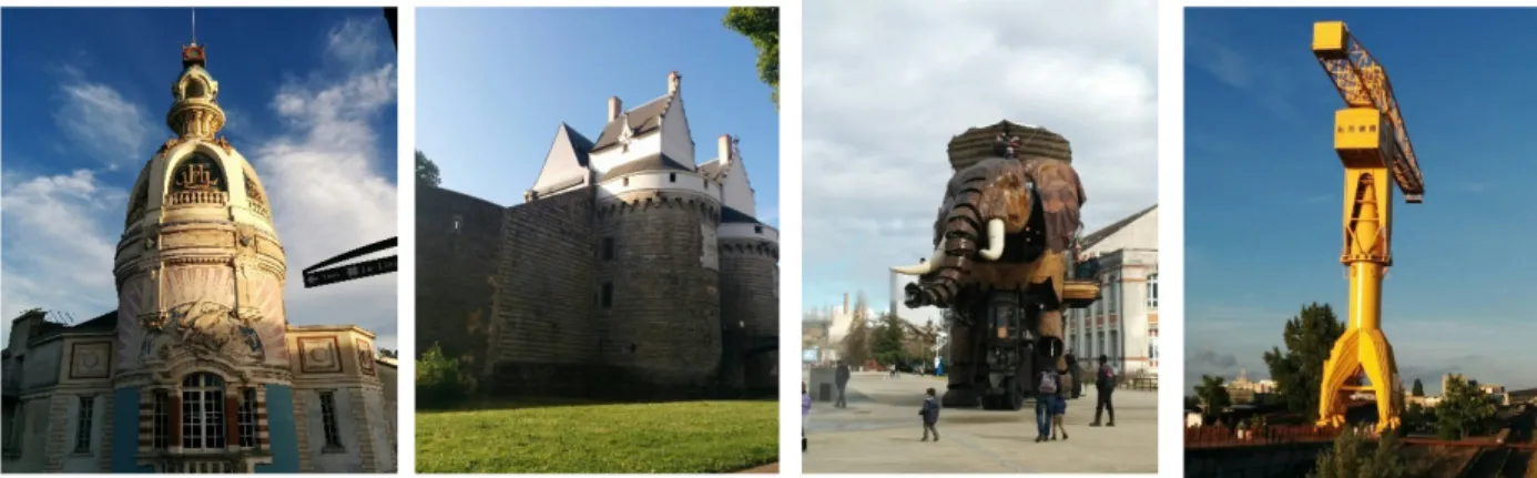 Figure 8 : Nantes, la tour LU, le château des ducs de Bretagne, l’éléphant de l’île des machines, la  grue