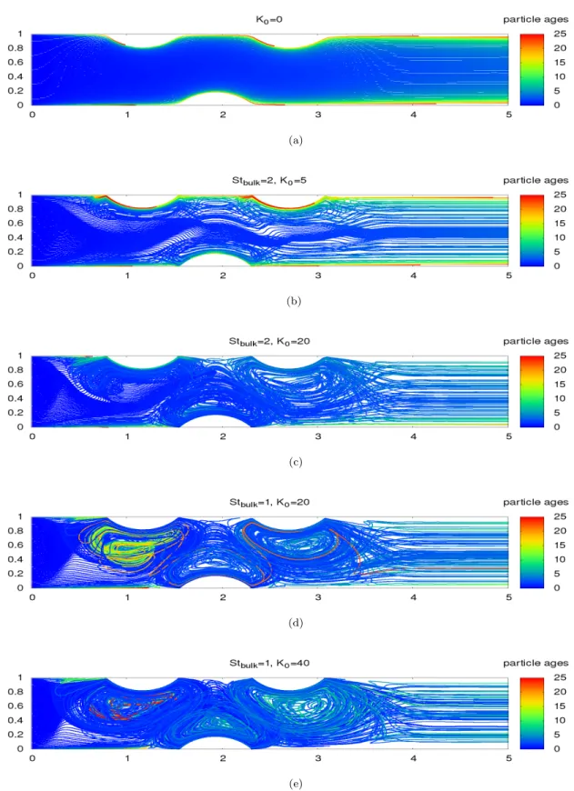FIG. 11: Trajectories of 100 tracers in the mixing channel, colored by their ages. The duration is 25 in time unit W/v bulk .