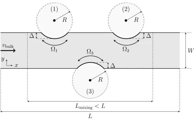 FIG. 1: Sketch of the two-dimensional rotating arc-wall (RAW) mixer (not to scale). v bulk represents a given bulk velocity of the entering flow.
