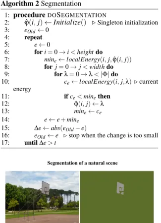 Figure 7: Segmentation of a natural scene. On the left, the original image where a color sample was taken from the white backboard