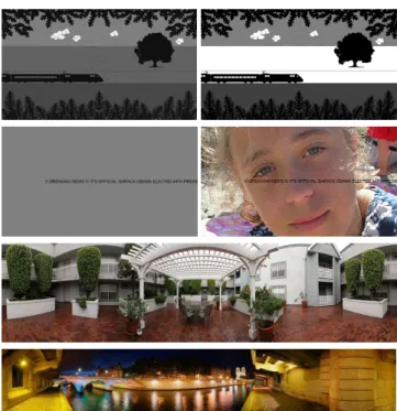 Figure 1: Examples of stimuli used in the experiment. First  row: Train experiment (synthetic train), second row: Text  experiment (scrolling text), two last rows: Picture experiment 