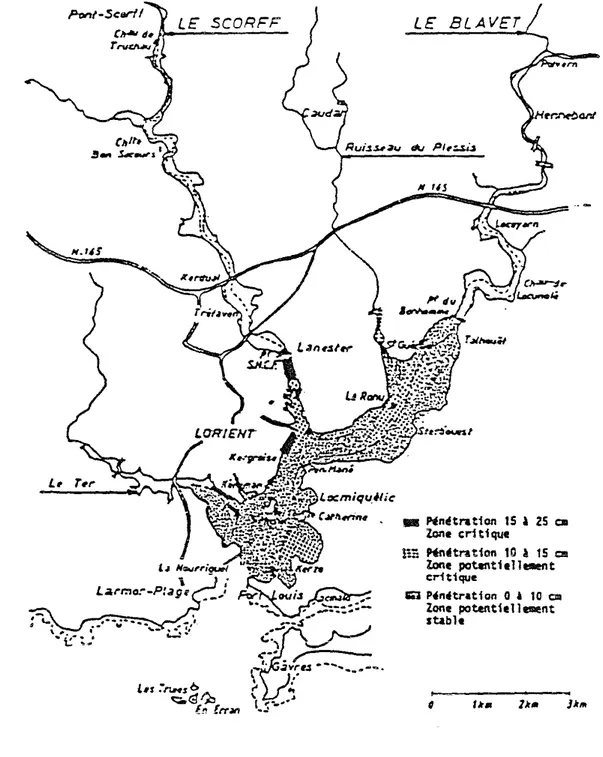 fig.  5 :  carte des  zones critiques de  la  rade  de  Lorient  (mesi.J'es aux cônes  de  marquages) 