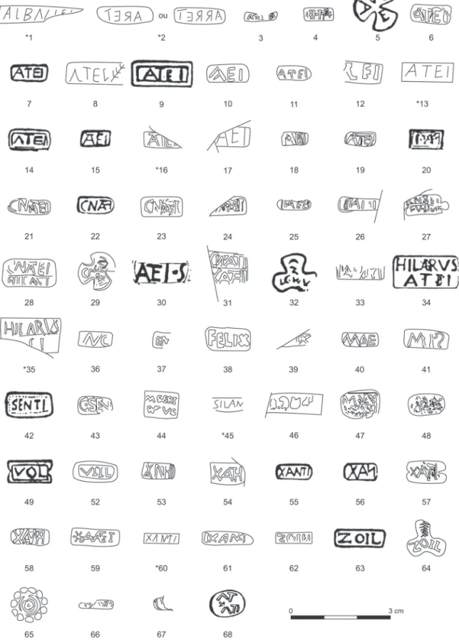 Fig. 5 – Estampilles sur sigillée italique. L’échelle des estampilles dont le numéro est précédé d’un  astérisque est approximative (DAO : S. Martin ; 1-2, 10, 13, 16, 35, 60, d’après Cahiers d’inventaire du  MAS ; 5, 7, 9, 14-15, 20, 22, 30, 32, 34, 42, 4