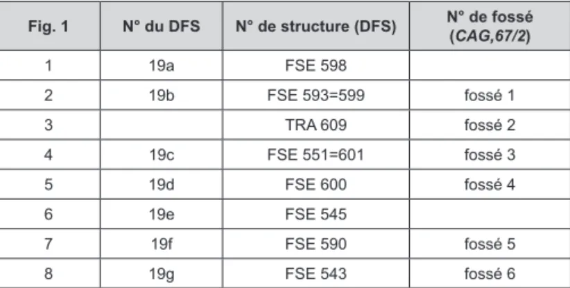 Fig. 1 N° du DFS N° de structure (DFS) N° de fossé  (CAG,67/2) 1 19a FSE 598 2 19b FSE 593=599 fossé 1 3 TRA 609 fossé 2 4 19c FSE 551=601 fossé 3 5 19d FSE 600 fossé 4 6 19e FSE 545 7 19f FSE 590 fossé 5 8 19g FSE 543 fossé 6          