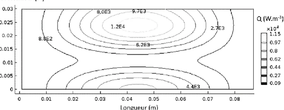 Figure 6 : Répartition de la chaleur générée par les micro-ondes en fonction de la longueur et de la  profondeur de pénétration après 95 min de congélation cryogénique assistée par micro-ondes