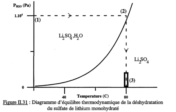Figure II.31  : Diagramme d'équilibre thermodynamique de la déshydratation  du sulfate de lithium monohydraté 