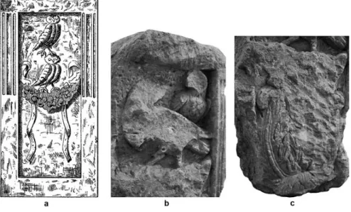 Fig. 8 – La face 3 de l’autel de Vendœuvres-en-Brenne : a, interprétation  en 1877 ; b, état en 2011