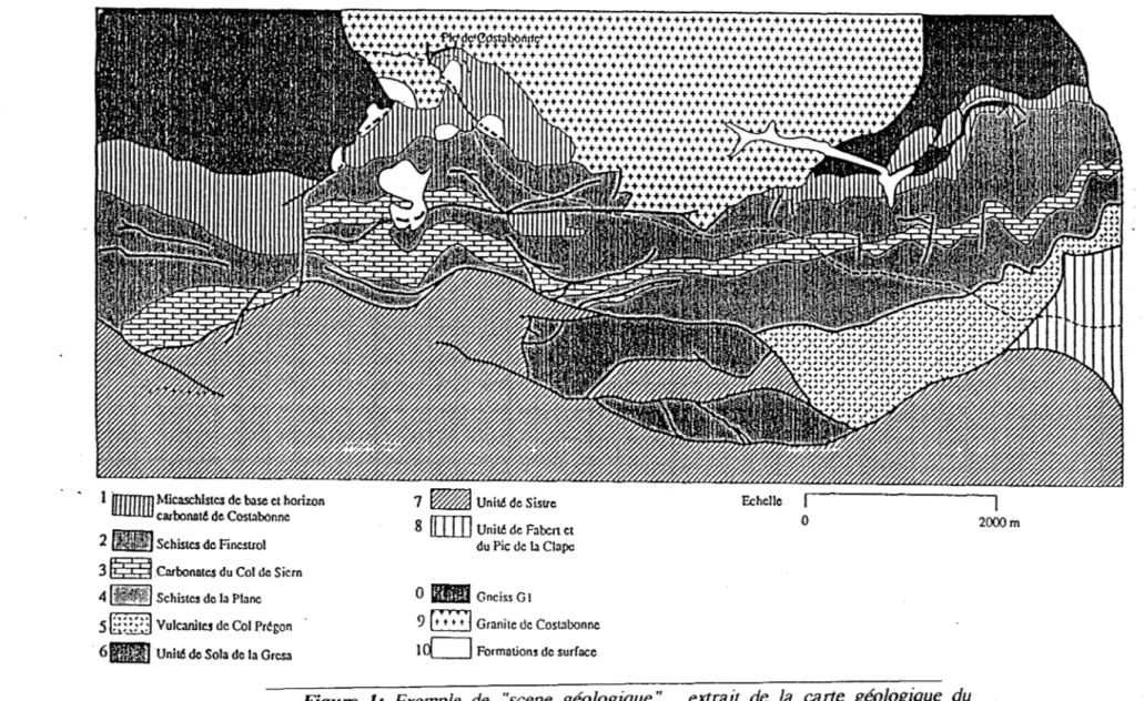 Figure  1:  Exemple  de  &#34;scene  géologique&#34;  .  extrait  de  la  carte  géologique  du  secteur de  Costabonne  tPyrénées  Orientales)  d'apres {BAE89{ 