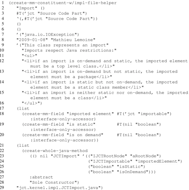 Figure 5.1 – Spécification des imports de JCT dans le générateur de code