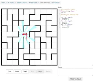 Fig. 3. Remote programming with TurleSim: a challenge in the course (back window) and the correcponding programming window (front window) with the 2D world with the Turtle, buttons and the code window.